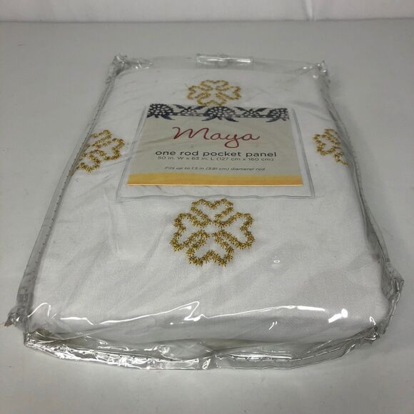 Maya Rod Pocket 63" Window Curtain Panel White Gold Floral Pattern 1 Panel - Picture 4 of 9